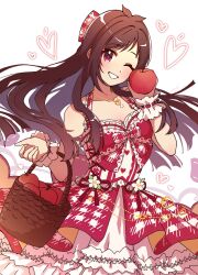 Rule 34 | 1girl, ;d, absurdres, apple, blunt ends, blush, breasts, brown hair, cleavage, collarbone, dress, food, fruit, fruit basket, grk 11601, head tilt, heart, highres, holding, holding food, holding fruit, idolmaster, idolmaster cinderella girls, layered dress, long hair, looking at viewer, medium breasts, one eye closed, open mouth, red eyes, sleeveless, sleeveless dress, smile, solo, tsujino akari, two-tone dress, very long hair, wrist cuffs