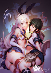Rule 34 | 10s, 2girls, after kiss, ass, bare shoulders, black panties, blonde hair, blue skirt, brown hair, cannon, crop top, detached sleeves, elbow gloves, fubuki (kancolle), gloves, grey eyes, hair between eyes, hairband, highleg, highres, kantai collection, long hair, looking at another, lying, machinery, microskirt, midriff, miniskirt, multiple girls, neckerchief, on side, panties, pleated skirt, rensouhou-chan, sailor collar, saliva, saliva trail, school uniform, serafuku, shimakaze (kancolle), skirt, striped clothes, striped legwear, striped thighhighs, suggestive fluid, thighhighs, thighs, thong, torpedo, triangle mouth, underwear, white gloves, xiao duzi, yuri
