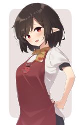1girl, apron, bangs, blush, brown hair, collar, commentary request, eyebrows, eyebrows visible through hair, eyelashes, highres, kanpa (campagne 9), leaf print, looking at viewer, open mouth, pointy ears, red eyes, shameimaru aya, shirt, short hair, short sleeves, simple background, solo, tengu, touhou, white shirt