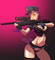 Rule 34 | 1girl, absurdres, aiming, arched back, bad id, bad pixiv id, black bra, black eyes, black panties, black thighhighs, bra, breasts, caitlyn (league of legends), cameltoe, cleavage, clothes lift, cowboy shot, finger on trigger, fingerless gloves, gloves, gluteal fold, gradient background, gun, hat, heihei de hei yan long, highres, holding, holding gun, holding weapon, league of legends, lipstick, long hair, makeup, midriff, mini person, minigirl, miniskirt, navel, officer caitlyn, panties, parted lips, pink background, pink hair, pleated skirt, purple hair, rifle, short sleeves, single thighhigh, skirt, skirt lift, solo, sunglasses, thighhighs, toned, underwear, upskirt, very long hair, weapon