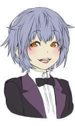 Rule 34 | :3, :d, androgynous, bad id, bad pixiv id, blue hair, blush, bow, bowtie, formal, gender request, light purple hair, oda takayuki, open mouth, orange eyes, original, short hair, silver hair, simple background, smile, solo, suit, traditional bowtie, white background