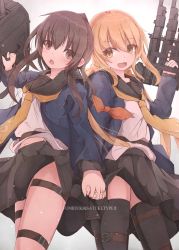 Rule 34 | 2girls, adapted turret, armband, back-to-back, black legwear, black serafuku, blonde hair, blue jacket, brown eyes, brown hair, cannon, character name, commentary request, cowboy shot, crescent, crescent pin, fumizuki (kancolle), highres, holding hands, jacket, kantai collection, long hair, low twintails, machinery, multiple girls, munehiro (21plus), neckerchief, ponytail, satsuki (kancolle), school uniform, serafuku, simple background, thighhighs, turret, twintails, white background, yellow eyes, yellow neckerchief