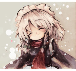 Rule 34 | 1girl, braid, closed mouth, commentary request, closed eyes, facing viewer, grey hair, izayoi sakuya, kouba, long sleeves, maid headdress, medium hair, red scarf, scarf, smile, solo, touhou, twin braids
