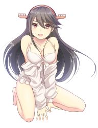 Rule 34 | 10s, 1girl, arm support, arms between legs, bare shoulders, bikini, black hair, breast press, breasts, brown eyes, cleavage, collarbone, eko, front-tie top, hair between eyes, haruna (kancolle), jacket, unworn jacket, kantai collection, large breasts, long hair, looking at viewer, open clothes, open jacket, simple background, sitting, solo, swimsuit, track jacket, white background, white bikini