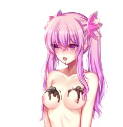 Rule 34 | 1girl, blue eyes, blush, breasts, chocolate, female focus, long hair, naked chocolate, nipples, nude, open mouth, purple hair, tongue, tongue out, twintails, upper body