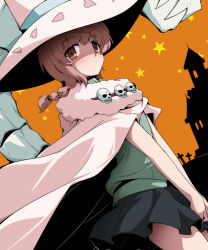 Rule 34 | 10s, 1girl, bioroid hei, braid, cape, commentary request, cowboy shot, expressionless, hat, holding clothes, holding skirt, kazari rin, looking at viewer, orange eyes, orange hair, school uniform, short hair, skirt, skull, wind, wind lift, witch, witch craft works, witch hat