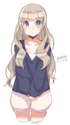 Rule 34 | 1girl, blue eyes, blue shirt, blush, closed mouth, collarbone, cropped legs, dated, light brown hair, long hair, long sleeves, looking at viewer, maze (gochama ze gohan), original, own hands together, puffy long sleeves, puffy shorts, puffy sleeves, shirt, short shorts, shorts, signature, simple background, sketch, sleeves past wrists, smile, solo, v arms, very long hair, white background, white shorts