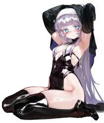Rule 34 | 1girl, absurdres, alternate costume, armpits, arms behind head, arms up, black dress, black footwear, black panties, black sleeves, black thighhighs, blue eyes, blunt bangs, blush, breasts, closed mouth, coif, colored eyelashes, commentary, cutout above navel, detached sleeves, diamond cutout, dress, english commentary, foolish potato, from side, hair down, highres, long hair, looking at viewer, mary janes, nanakusa nazuna (yofukashi no uta), nun, panties, panty straps, pelvic curtain, purple hair, ringed eyes, shiny clothes, shoes, simple background, sitting, small breasts, smile, solo, string panties, thighhighs, underwear, very long hair, wariza, white background, yofukashi no uta