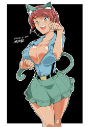 Rule 34 | 1girl, absurdres, animal ears, aoshidan school uniform, artist name, belt, black background, black belt, blue shirt, blunt ends, bob cut, breasts, brown hair, cat ears, cat tail, cleavage, collared shirt, commentary, dark-skinned female, dark skin, dated, fake animal ears, fake tail, girls und panzer, green eyes, highres, large breasts, looking at viewer, miniskirt, open mouth, outline, outside border, partially unbuttoned, paw pose, school uniform, shinkuukan (tetsuo3), shirt, short sleeves, signature, skirt, smile, solo, standing, suspender skirt, suspenders, swept bangs, tail, tristana (girls und panzer), white outline