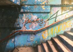 concrete day graffiti highres no_humans original painting_(medium) railing sanegesan scenery shadow stairs sunlight traditional_media tunnel