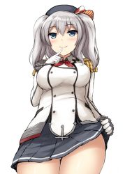 Rule 34 | 10s, 1girl, black skirt, blue eyes, blush, bow, bowtie, breasts, buttons, clothes lift, collar, cowboy shot, don (29219), female focus, finger to mouth, gloves, hair between eyes, hair bow, hat, kantai collection, kashima (kancolle), large breasts, looking at viewer, military, military uniform, miniskirt, pleated skirt, red bow, red bowtie, short hair, shoulder pads, silver hair, skirt, skirt lift, smile, solo, standing, teasing, two side up, uniform, white gloves