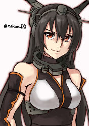 Rule 34 | 1girl, black gloves, black hair, breasts, elbow gloves, gauntlets, gloves, headgear, kantai collection, long hair, looking at viewer, maakun (makun dx), medium breasts, nagato (kancolle), one-hour drawing challenge, simple background, sleeveless, solo, twitter username, upper body, white background
