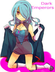 Rule 34 | 1girl, blue hair, blush, breasts, cape, cleavage, english text, female focus, full body, gender request, genderswap, gloves, hair over one eye, inazuma eleven, inazuma eleven (series), kazemaru ichirouta, kneeling, large breasts, long hair, red eyes, smile, solo, uniform, white background