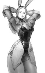 Rule 34 | 1girl, absurdres, animal ears, armor, armor under clothes, armpits, arms behind head, arms up, closed eyes, couter, fake animal ears, highres, legs together, leotard, monochrome, nontraditional playboy bunny, original, pauldrons, plackart, plate armor, rabbit ears, shoulder armor, smile, solo, wass nonnam