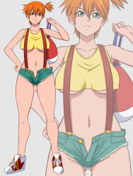 Rule 34 | 1girl, adapted costume, asymmetrical hair, bare legs, blush, breasts, creatures (company), denim, denim shorts, game freak, green eyes, gym leader, highres, large breasts, legs, lento (glamour works), looking at viewer, misty (pokemon), navel, nintendo, orange hair, pants, pokemon, pokemon (anime), pokemon (classic anime), ponytail, shirt, shoes, short hair, short shorts, shorts, side ponytail, sneakers, solo, standing, suspenders, tank top, thick thighs, thighs, underboob, underwear, unzipped, wide hips, yellow shirt, yellow tank top