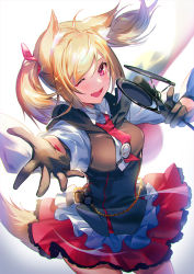 Rule 34 | 1girl, ;d, animal ears, arknights, black gloves, black vest, blonde hair, breasts, collared shirt, commentary request, fang, gloves, hands up, has otm, holding, holding microphone, hood, hooded vest, hoodie, long hair, long sleeves, looking at viewer, medium breasts, microphone, necktie, one eye closed, open mouth, outstretched arm, outstretched hand, red eyes, red necktie, red skirt, revision, shirt, skin fang, skirt, smile, solo, sora (arknights), standing, swept bangs, tail, twintails, vest, white shirt, wolf ears, wolf girl, wolf tail