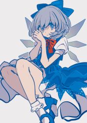 Rule 34 | 1girl, absurdres, bare legs, blue bow, blue dress, blue eyes, blue footwear, bobby socks, bow, bowtie, cirno, closed mouth, collared shirt, detached wings, dress, full body, grey hair, hair bow, highres, mary janes, own hands together, pinafore dress, puffy short sleeves, puffy sleeves, red bow, red bowtie, shirt, shocho (shaojiujiu), shoes, short sleeves, simple background, sleeveless, sleeveless dress, socks, solo, touhou, white background, white shirt, white socks, wings