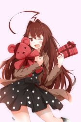 Rule 34 | 1girl, absurdres, ahoge, artist name, black dress, blush, boots, bow, breasts, brown hair, brown jacket, cleavage, clenched hand, dated, dress, dress bow, fang, gift, hair intakes, highres, holding, holding gift, holding stuffed toy, hood, hooded jacket, hoodie, huge ahoge, jacket, kantai collection, kuma (kancolle), leg up, logo, long hair, looking at viewer, neve (morris-minicooper), hugging object, one eye closed, open mouth, pink background, polka dot, polka dot dress, red eyes, ribbon, sidelocks, simple background, smile, solo, stuffed animal, stuffed toy, teddy bear, v, very long hair