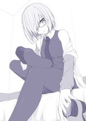 Rule 34 | 1girl, bare shoulders, bed, bed sheet, between breasts, blush, breasts, commentary request, dress, fate/grand order, fate (series), feet, foreshortening, glasses, hair over one eye, hand on leg, highres, holding shoe, indoors, jacket, leaning forward, leg up, long sleeves, looking at viewer, mash kyrielight, medium breasts, monochrome, necktie, necktie between breasts, no shoes, off shoulder, on bed, open clothes, open jacket, pantyhose, parted lips, purple theme, ruton-niki, unworn shoe, short hair, sitting, sleeveless, sleeveless dress, soles, solo, toes, wing collar