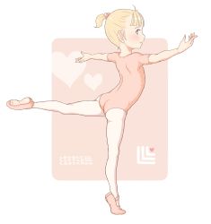 Rule 34 | 1girl, a kun, arched back, ass, balancing, ballerina, ballet, ballet slippers, blonde hair, blue eyes, blush, child, dancing, from behind, full body, hair bobbles, hair ornament, leotard, looking back, original, outstretched arms, pantyhose, ponytail, short hair, short ponytail, solo, standing, standing on one leg