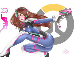 Rule 34 | 1girl, acronym, animal print, artist name, blue bodysuit, bodysuit, breasts, brown eyes, brown hair, character name, charm (object), clothes writing, d.va (overwatch), eyelashes, facepaint, facial mark, facing viewer, finger on trigger, freckles, gloves, gun, hand on own knee, handgun, headphones, high collar, highres, holding, holding gun, holding weapon, layinart, light smile, lips, long hair, looking to the side, medium breasts, nose, outstretched arm, overwatch, overwatch 1, parted lips, pilot suit, pink lips, pistol, rabbit print, ribbed bodysuit, shoulder pads, signature, simple background, skin tight, solo, squatting, swept bangs, weapon, whisker markings, white background, white gloves