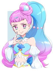 Rule 34 | 1girl, alternate hairstyle, aqua hair, bare shoulders, blue hair, blue nails, choker, commentary request, cure la mer, detached sleeves, eyelashes, fingernails, fpminnie1, gradient eyes, gradient hair, hair ornament, happy, highres, laura (precure), long hair, long sleeves, looking at viewer, magical girl, midriff, multicolored eyes, multicolored hair, nail polish, pink eyes, pink hair, ponytail, precure, puffy long sleeves, puffy sleeves, side ponytail, sketch, smile, solo, tropical-rouge! precure, two-tone hair, very long hair