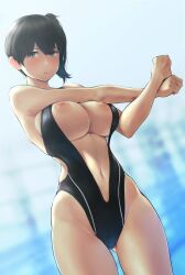 Rule 34 | 1girl, alternate costume, black one-piece swimsuit, blurry, blurry background, breast press, breasts, brown eyes, brown hair, clothing cutout, gluteal fold, highleg, highleg swimsuit, highres, inverted nipples, kaga (kancolle), kantai collection, large breasts, long hair, looking at viewer, navel, nipple slip, nipples, one-piece swimsuit, parted lips, revision, side ponytail, solo, stomach cutout, stretching, swimsuit, wa (genryusui)