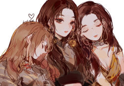 Rule 34 | 3girls, animification, bad id, bad tumblr id, brown hair, choker, closed eyes, commentary, dress, earrings, english commentary, head on another&#039;s shoulder, heart, hoop earrings, hrd0c, irene (red velvet), jewelry, joy (red velvet), k-pop, long hair, looking at viewer, multiple girls, real life, red velvet (group), signature, simple background, upper body, wendy (red velvet), white background, yellow dress