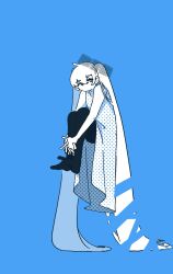Rule 34 | 1girl, absurdly long hair, alternate costume, bare shoulders, blue background, bow, dress, expressionless, floating, full body, hair bow, halftone texture, hatsune miku, highres, hugging own legs, knees up, large bow, long dress, long hair, looking at viewer, monochrome, no mouth, no sclera, okawari o doozo (vocaloid), pantyhose, patterned clothing, sleeveless, sleeveless dress, solo, teri (teruritto), textless version, very long hair, vocaloid