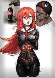 Rule 34 | 1boy, 1girl, after kiss, bdsm, breasts, chen zi, coca-cola, crying, crying with eyes open, dark-skinned male, dark skin, hair between eyes, highres, long hair, medium breasts, open mouth, pepsi, personification, red hair, reference inset, saliva, saliva trail, shibari, tears, very long hair, what, yellow eyes