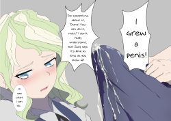 Rule 34 | 2girls, absurdres, blue eyes, blush, breasts, bulge, cum, cum in clothes, cum through clothes, diana cavendish, embarrassed, erection, erection under clothes, futanari, green hair, highres, japanese text, kagari atsuko, little witch academia, mikan syugi, multiple girls, penis, precum, precum through clothes, solo focus, talking, translated