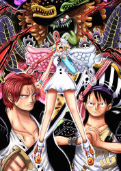 Rule 34 | 1girl, 1other, 2boys, absurdres, alternate costume, angel wings, arms up, artist request, aura, bare legs, black hair, black ribbon, black wings, breasts, buttons, cowboy shot, creature, creepy, crying, crying with eyes open, demon, devil fruit, dress, empty eyes, evil grin, evil smile, eyelashes, facial hair, fangs, father and daughter, floating hair, frilled dress, frills, full body, gradient background, grin, hair over one eye, hair rings, hat, headphones, highres, holding, holding sword, holding weapon, lips, long hair, long sleeves, looking at viewer, manly, monkey d. luffy, multicolored hair, multiple boys, music, neck ribbon, oda eiichirou (style), official alternate costume, official style, one piece, one piece film: red, pirate hat, puffy long sleeves, puffy sleeves, purple eyes, red hair, ribbon, serious, shaded face, sharp teeth, sidelocks, size difference, skull, sleeves past wrists, smile, split-color hair, summoning, sword, teamwork, tears, teeth, tongue, tongue out, tot musica (one piece), two-tone hair, uta (one piece), weapon, white dress, white hair, wide hips, wings, yandere