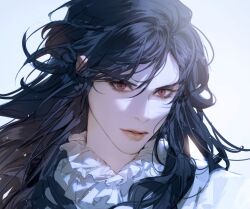 Rule 34 | 1boy, bishounen, black hair, character request, commentary request, copyright request, expressionless, eyelashes, highres, jacket, korean commentary, long hair, looking at viewer, male focus, neck ruff, parted lips, pink lips, portrait, red eyes, simple background, solo, thick eyebrows, vlfdus 0, white background, white jacket