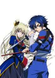 Rule 34 | 1boy, 1girl, absurdres, blonde hair, blue eyes, blue hair, braid, code geass, code geass: boukoku no akito, hair ornament, highres, holding, holding sword, holding weapon, hyuuga akito, leila malcal, long hair, official art, simple background, sword, uniform, weapon, white background