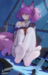 Rule 34 | 1girl, absurdres, animal ear fluff, animal ears, arknights, bare shoulders, book, candle, closed mouth, collarbone, commentary request, feet, foot focus, frown, glaring, hair ornament, highres, knife, long hair, lwj, nail polish, off shoulder, pantyhose, purple hair, purple nails, red eyes, shamare (arknights), sitting, soles, solo, sweat, tail, thighband pantyhose, toenail polish, toenails, toes, twintails, v-shaped eyebrows, white pantyhose, wolf ears, wolf tail