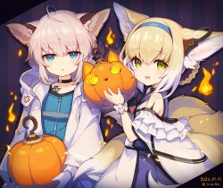Rule 34 | :d, ahoge, animal ears, arknights, bare shoulders, blonde hair, blue eyes, blue hairband, braid, braided hair rings, dated, eyelashes, food, gloves, green eyes, hairband, highres, holding, holding food, holding pumpkin, holding vegetable, infection monitor (arknights), jack-o&#039;-lantern, looking at viewer, material growth, multicolored hair, open mouth, oripathy lesion (arknights), parted lips, pumpkin, satsuma imohen, short hair, smile, sussurro (arknights), suzuran (arknights), tail, two-tone hair, vegetable, white gloves, white hair