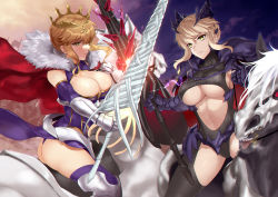 Rule 34 | 2girls, armor, artoria pendragon (fate), artoria pendragon (lancer) (fate), artoria pendragon (lancer alter) (fate), black legwear, black leotard, blonde hair, blue legwear, blue leotard, braid, breasts, cape, cleavage, cleavage cutout, clothing cutout, commentary request, crown, dun stallion (fate), fate/grand order, fate (series), faulds, french braid, fur-trimmed cape, fur trim, gauntlets, greaves, green eyes, horns, horse, jirusu, lance, large breasts, leotard, multiple girls, navel, navel cutout, pauldrons, polearm, red cape, ribbed leotard, shoulder armor, sidelocks, sparks, swept bangs, thighs, turtleneck, underboob, waist cutout, weapon, yellow eyes