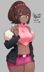 Rule 34 | 1girl, agawa ryou, bare shoulders, belt, black coat, blue eyes, brown hair, candy, chinese clothes, coat, commentary, dark-skinned female, dark skin, dated, dudou, english commentary, food, grey background, hair ornament, hair scrunchie, halterneck, halterneck, high ponytail, legs together, lipstick, lollipop, looking at viewer, makeup, medium hair, midriff, miniskirt, navel, off shoulder, open clothes, open coat, original, pink scrunchie, pink skirt, puckered lips, scrunchie, signature, skirt, solo, toned, wide hips