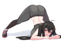 Rule 34 | 1girl, ahoge, arched back, ass, azur lane, bare arms, black footwear, black hair, black pants, black sports bra, breast press, breasts, crossed bangs, flexible, hair between eyes, hair ribbon, heavy breathing, highres, jack-o&#039; challenge, kuavera, long hair, looking at viewer, nail polish, open mouth, pants, pink nails, red ribbon, ribbon, shadow, shoes, simple background, smile, sneakers, solo, sports bra, spread legs, sweat, taihou (azur lane), teeth, thick thighs, thighs, tongue, top-down bottom-up, twintails, upper teeth only, white background, yoga pants