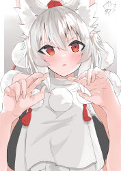 Rule 34 | 1girl, absurdres, animal ears, fox ears, fox girl, gradient background, grey background, highres, inubashiri momiji, looking at viewer, open mouth, pom pom (clothes), red eyes, red headwear, regua, shirt, solo, touhou, white hair, white shirt