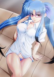 Rule 34 | 1girl, :p, absurdres, blue hair, blue panties, breasts, cleavage, dress shirt, glasses, hair ribbon, highres, large breasts, long hair, looking at viewer, lyrical nanoha, mahou shoujo lyrical nanoha, mahou shoujo lyrical nanoha a&#039;s, mahou shoujo lyrical nanoha a&#039;s portable: the battle of aces, levi the slasher, multicolored hair, aged up, panties, pink-framed eyewear, red eyes, ribbon, shirt, sitting, smile, solo, tappa (esperanza), tongue, tongue out, twintails, two-tone hair, underwear