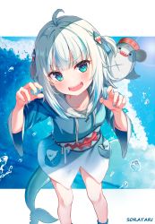 Rule 34 | 1girl, absurdres, artist name, blue eyes, blush, bubble, collarbone, commentary, english commentary, fingernails, fins, fish tail, gawr gura, highres, hololive, hololive english, looking at viewer, medium hair, open mouth, shark tail, silver hair, sora (ecj5678), tail, teeth, virtual youtuber, water