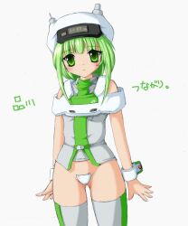 Rule 34 | 1girl, 2000s (style), archived source, arms at sides, ashita yaru, closed mouth, commentary request, crotch plate, east japan railway company, green eyes, green shirt, green thighhighs, grey shirt, grey thighhighs, hat, japan railways, legs apart, light green hair, long hair, looking at viewer, original, personification, shirt, short hair with long locks, simple background, sleeveless, sleeveless shirt, smile, solo, standing, thighhighs, train, translation request, two-tone legwear, two-tone shirt, two-tone thighhighs, white background, white hat, white wrist cuffs, wrist cuffs