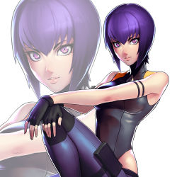 Rule 34 | 1girl, black gloves, breasts, fingerless gloves, ghost in the shell, gloves, hands on own knee, highres, ikegami noroshi, kusanagi motoko, looking at viewer, medium breasts, parted lips, pink eyes, purple hair, short hair, sleeveless, solo