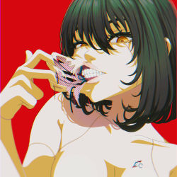 Rule 34 | 1girl, absurdres, android, black hair, bob cut, breasts, chromatic aberration, extend (extend50483277), female focus, guro, hair between eyes, halftone, head tilt, highres, large breasts, looking at viewer, medium hair, mouth pull, orange eyes, original, portrait, red background, ringed eyes, simple background, solo, teeth, wire
