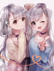 Rule 34 | 2girls, black ribbon, blue eyes, blunt bangs, braid, braided bangs, brown eyes, choker, commentary request, double v, grey hair, hair ornament, heart, heart of string, highres, hisakawa hayate, hisakawa nagi, idolmaster, idolmaster cinderella girls, idolmaster cinderella girls starlight stage, long hair, long sleeves, looking at viewer, low twintails, magako, multiple girls, one eye closed, open mouth, ribbon, siblings, simple background, sisters, sleeves past wrists, smile, sweater, twins, twintails, v