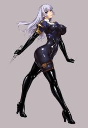 Rule 34 | 1girl, black bodysuit, blue eyes, bodysuit, boots, breasts, covered erect nipples, covered navel, elbow gloves, full body, gloves, high heel boots, high heels, large breasts, latex, latex boots, latex gloves, latex suit, long hair, looking at viewer, open mouth, original, rindou (radical dream), shiny clothes, silver hair, skin tight, skindentation, solo, thigh boots, thighhighs, thighs, unfinished