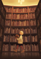 Rule 34 | 1girl, absurdres, black skirt, book, book stack, commentary request, facing away, fluorescent lamp, glasses, highres, holding, holding book, indoors, library, looking up, original, scenery, shelf, shoes, short hair, skirt, sneakers, socks, solo, sweater, taizo (taizo 03), too many, too many books, white hair, white sweater