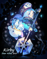 Rule 34 | 1girl, ;d, anniversary, black background, black dress, black headwear, blue eyes, blue hair, copy ability, copyright name, crystal, dress, francisca (kirby), hat, heart, highres, holding, holding weapon, ice kirby, kirby, kirby: star allies, kirby (series), kouyafu, long hair, long sleeves, looking at viewer, nintendo, one eye closed, open mouth, rayman limbs, revision, smile, star (symbol), very long hair, weapon, wide sleeves