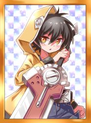 Rule 34 | 1girl, black hair, blush, checkered background, cougar (cougar1404), hair between eyes, holding, holding weapon, hood, hooded jacket, jacket, nari (cougar1404), open mouth, original, short hair, solo, sword, weapon